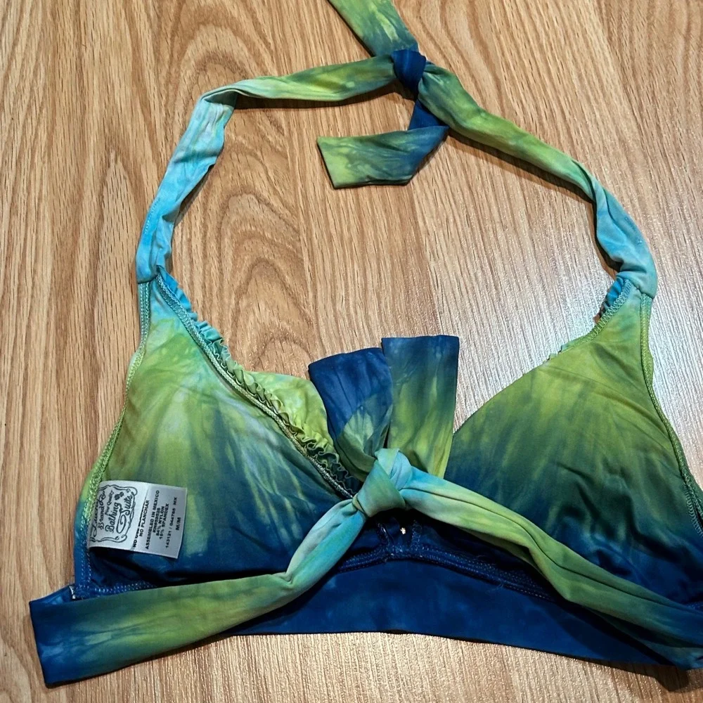 Lucky Brand Tie Dye Halter Bikini Swimsuit Ruffled Blue Green‎ Women's S/M Y2K